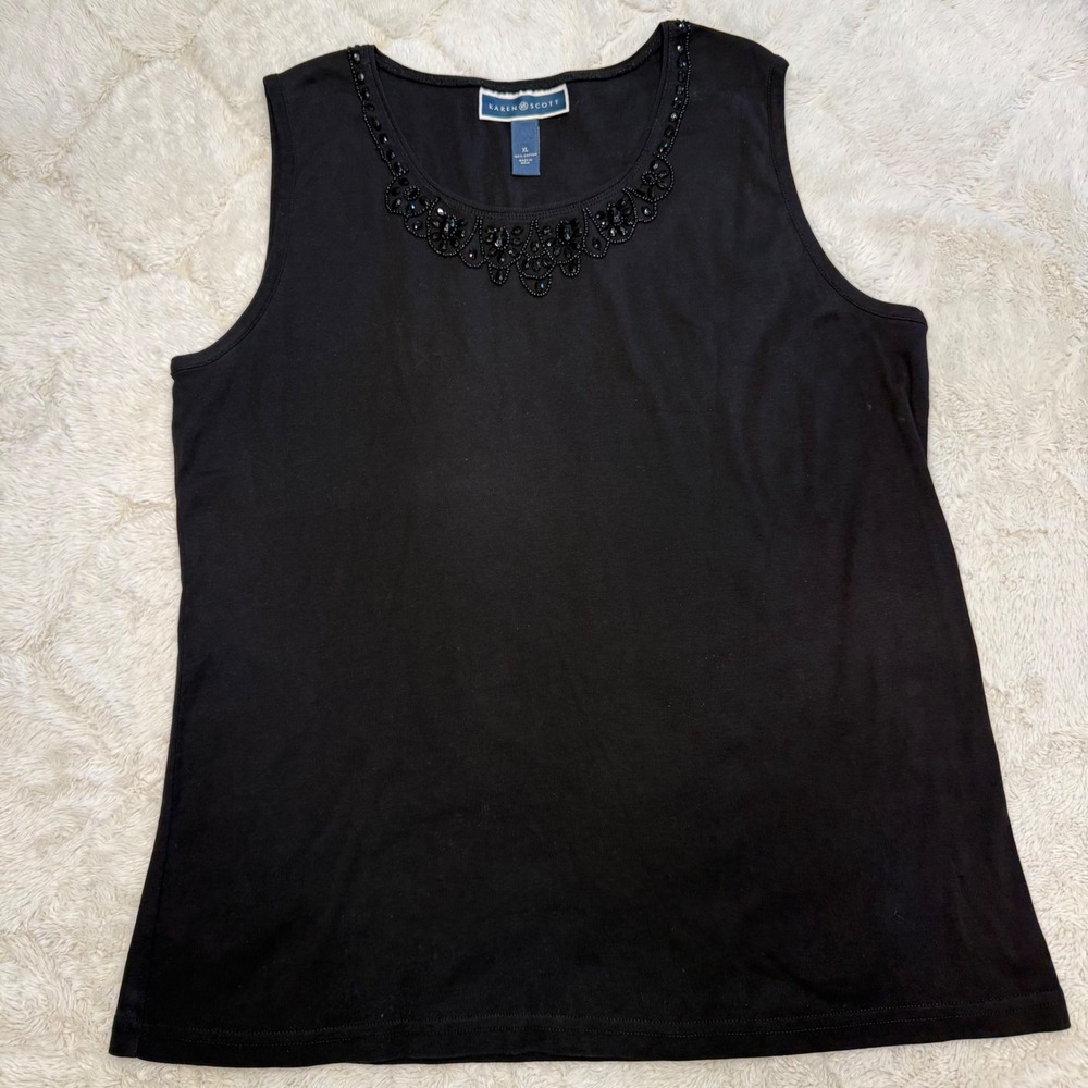 100% Cotton XL Black Beaded Rhinestone Sleeveless Top Tank Quiet Luxury Y2K 2000